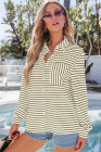 Brown Black Striped Collared Button Up Front Pocket Top
