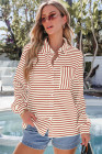 Fiery Red Black Striped Collared Button Up Front Pocket Top