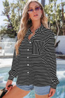 Black Striped Collared Button Up Front Pocket Top