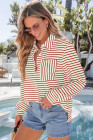 Fiery Red Black Striped Collared Button Up Front Pocket Top