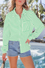 Blackish Green Black Striped Collared Button Up Front Pocket Top