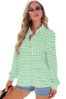 Blackish Green Black Striped Collared Button Up Front Pocket Top