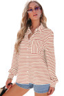 Fiery Red Black Striped Collared Button Up Front Pocket Top