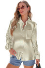 Brown Black Striped Collared Button Up Front Pocket Top
