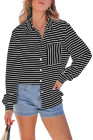 Black Striped Collared Button Up Front Pocket Top