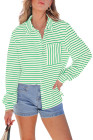 Blackish Green Black Striped Collared Button Up Front Pocket Top