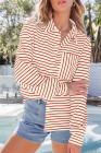 Fiery Red Black Striped Collared Button Up Front Pocket Top