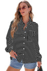Black Striped Collared Button Up Front Pocket Top