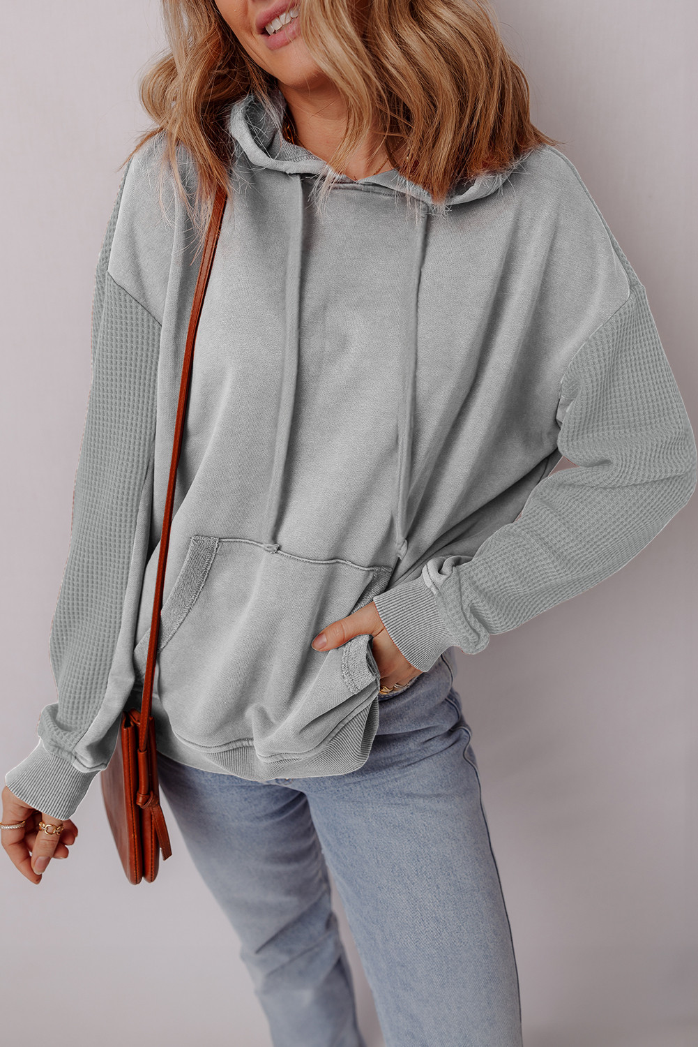 EVALESS Hoodies for Women Long Sleeve Patchwork Waffle Knit Drawstring Oversized Hooded Sweatshirt Tops Fashion 2025