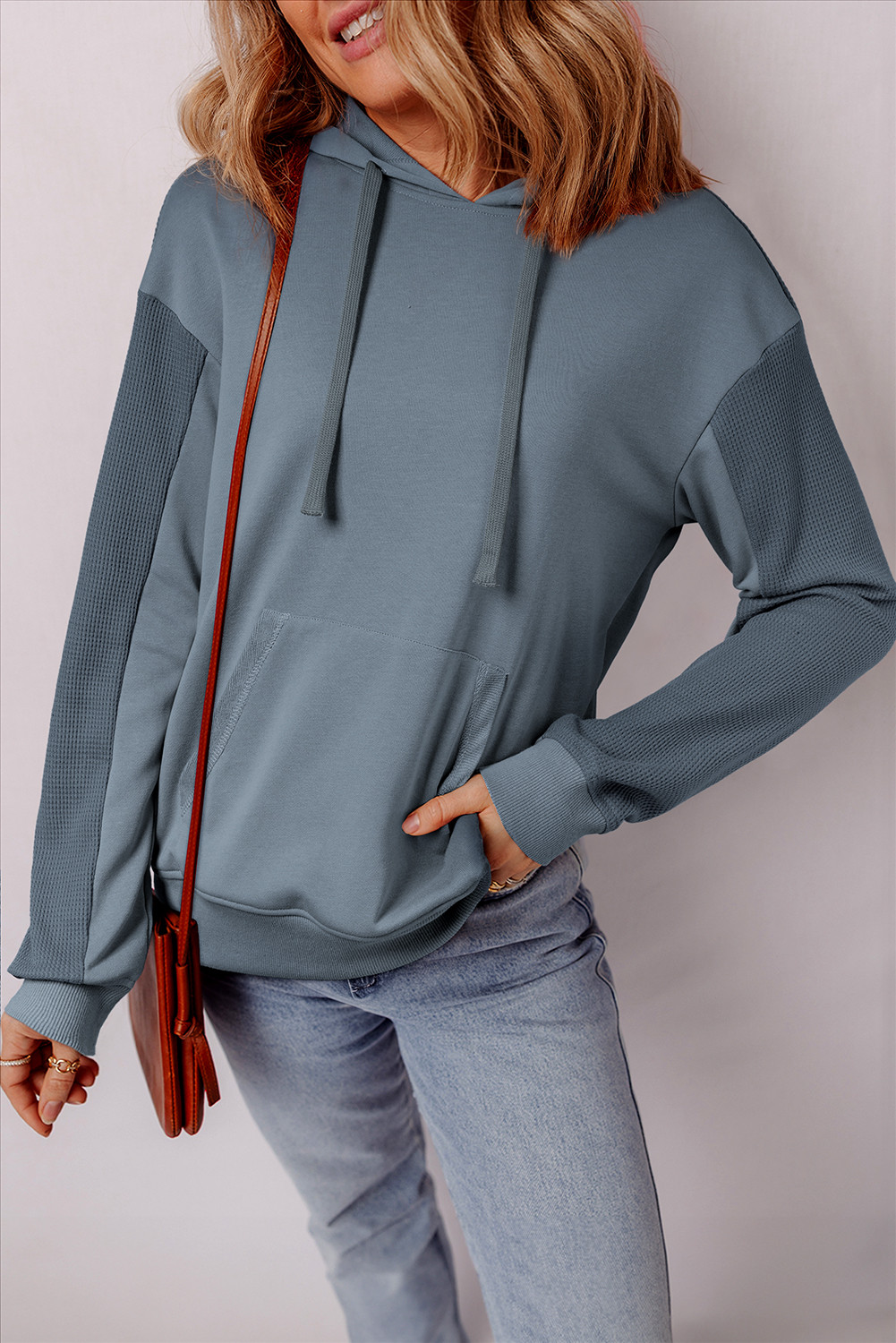 EVALESS Hoodies for Women Long Sleeve Patchwork Waffle Knit Drawstring Oversized Hooded Sweatshirt Tops Fashion 2025