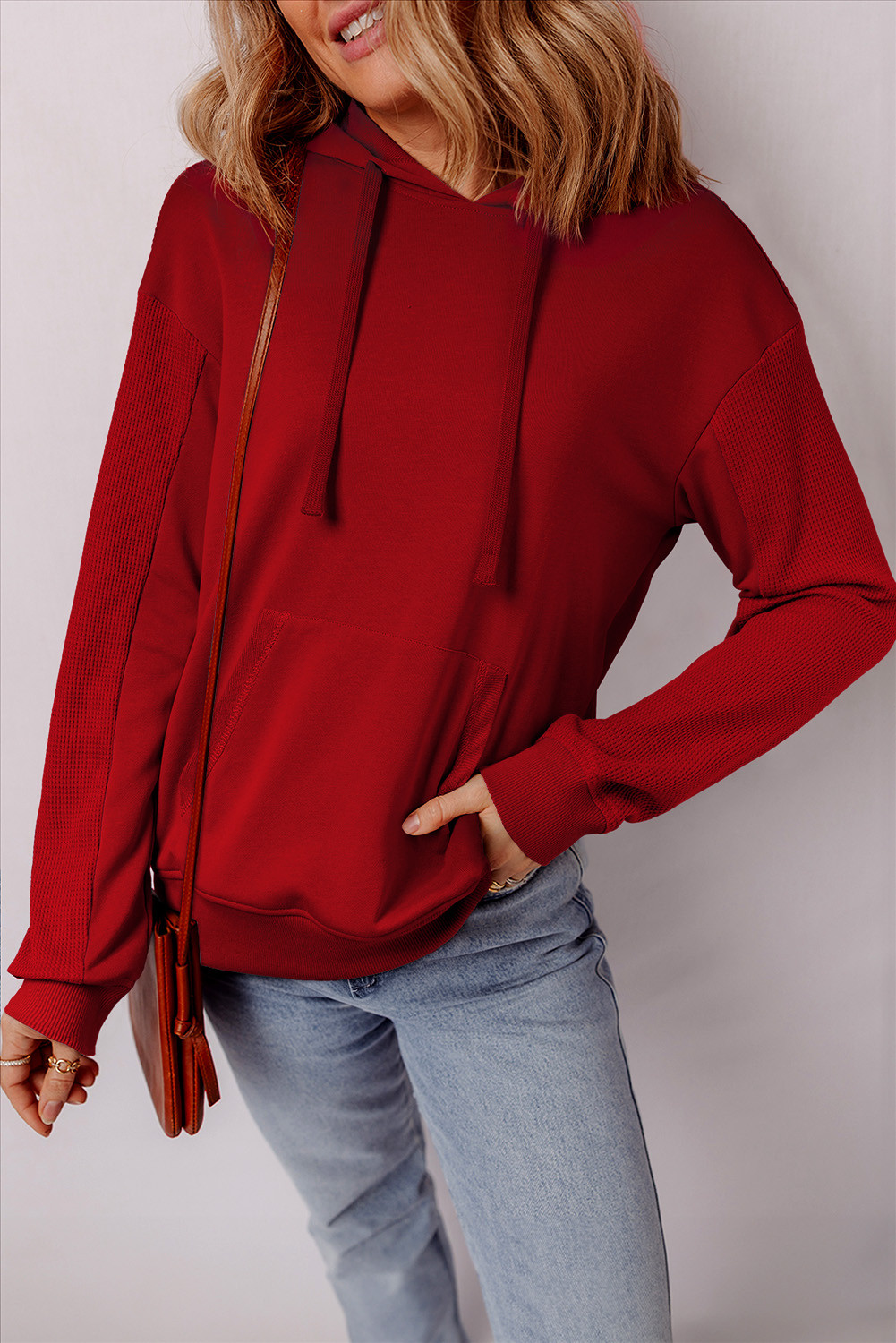 EVALESS Hoodies for Women Long Sleeve Patchwork Waffle Knit Drawstring Oversized Hooded Sweatshirt Tops Fashion 2025