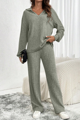 EVALESS Womens Pajama Sets Long Sleeve Sleepwear Matching Drawstring Elastic Pj Pants Ribbed Knit 2 Piece Lounge Set LC627211-P1209