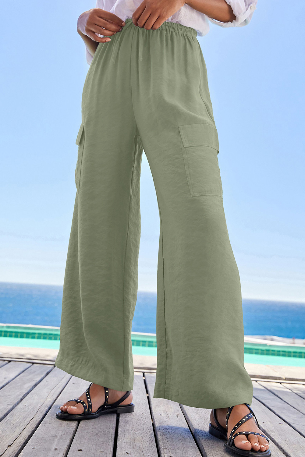 EVALESS Women's Spring Flowy Wide Leg Casual Long Pants Drawstring Elastic Waist Loose Beach Lounge Trousers with Pockets 2025 Womenswear Outfits