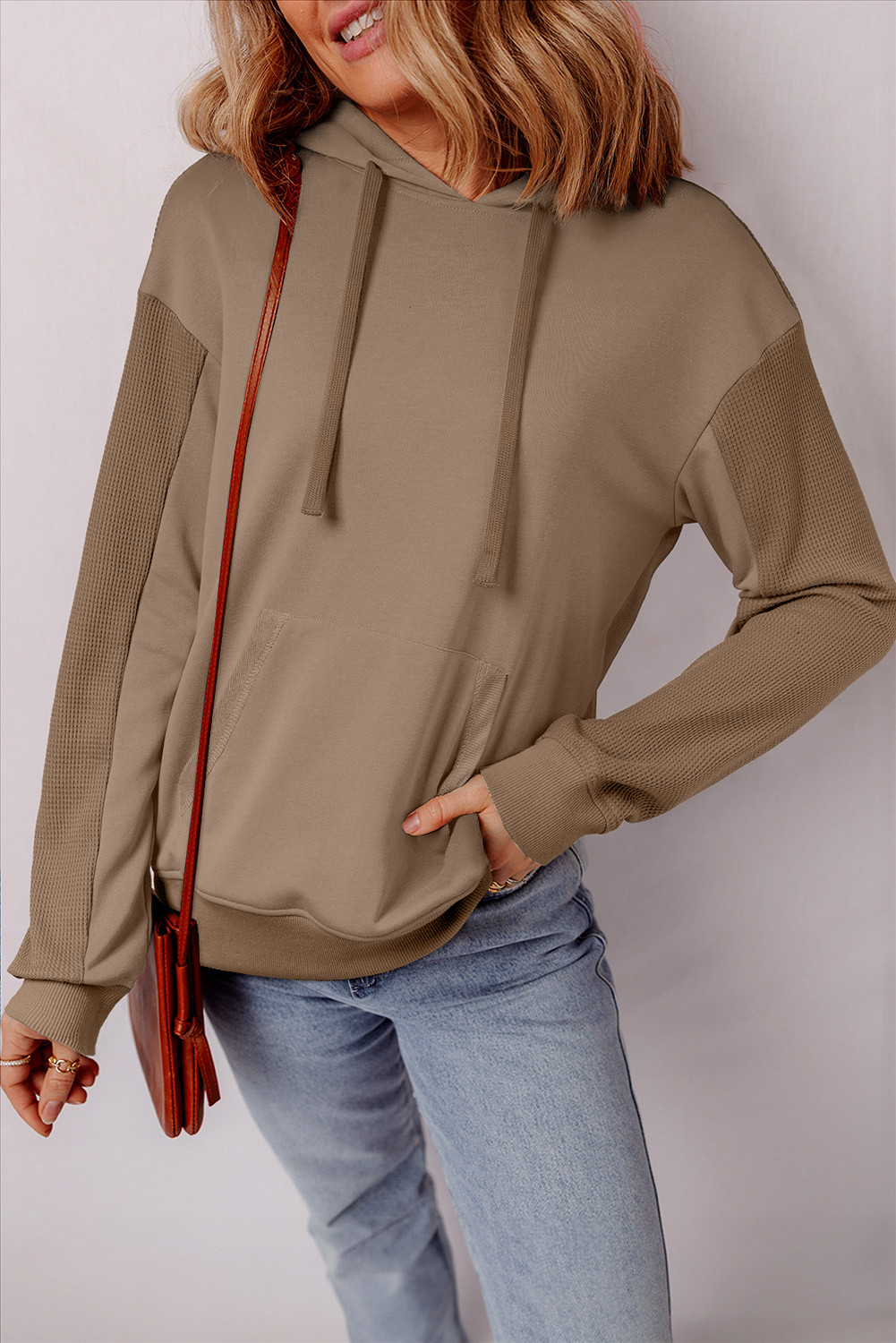 EVALESS Hoodies for Women Long Sleeve Patchwork Waffle Knit Drawstring Oversized Hooded Sweatshirt Tops Fashion 2025