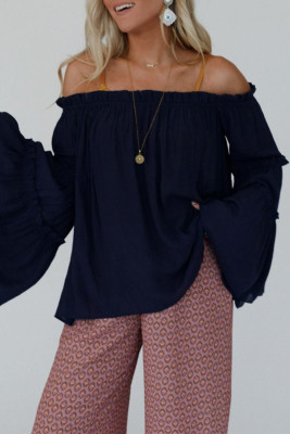 Dirty blue Tiered Ruffled Bell Sleeve Off Shoulder Blouse LC25133029-P1005