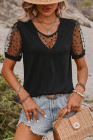 Black Floral/Heart/Polka Dot Lace Patchwork Crew Neck T Shirt