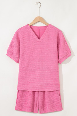 Pink Textured V Neck T Shirt and Shorts Set LC626339-P10