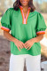 Bright Green Contrast Striped V Neck Collision Short Puff Sleeve Blouse