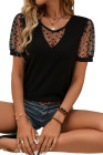 Black Floral/Heart/Polka Dot Lace Patchwork Crew Neck T Shirt
