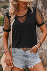 Black Floral/Heart/Polka Dot Lace Patchwork Crew Neck T Shirt