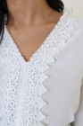 White Lace Patchwork V Neck Frilled Long Sleeve Crepe Blouse