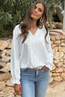 White Lace Patchwork V Neck Frilled Long Sleeve Crepe Blouse