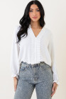 White Lace Patchwork V Neck Frilled Long Sleeve Crepe Blouse