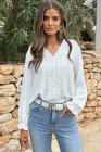 White Lace Patchwork V Neck Frilled Long Sleeve Crepe Blouse