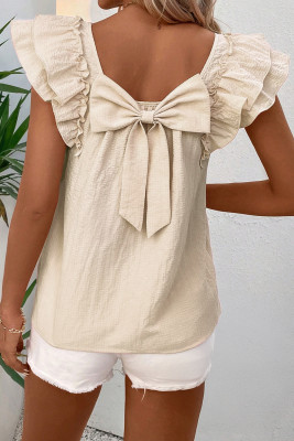Beige Textured Bow Knot Frilled Butterfly Sleeve Blouse LC25612770-P15