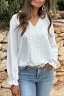 White Lace Patchwork V Neck Frilled Long Sleeve Crepe Blouse