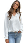White Lace Patchwork V Neck Frilled Long Sleeve Crepe Blouse
