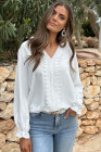White Lace Patchwork V Neck Frilled Long Sleeve Crepe Blouse