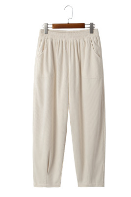 EVALESS Women's Corduroy Pants Elastic High Waist Pleated Wide Leg Trousers Fall Comfy Casual Baggy Pants with Pockets LC7713461-P15