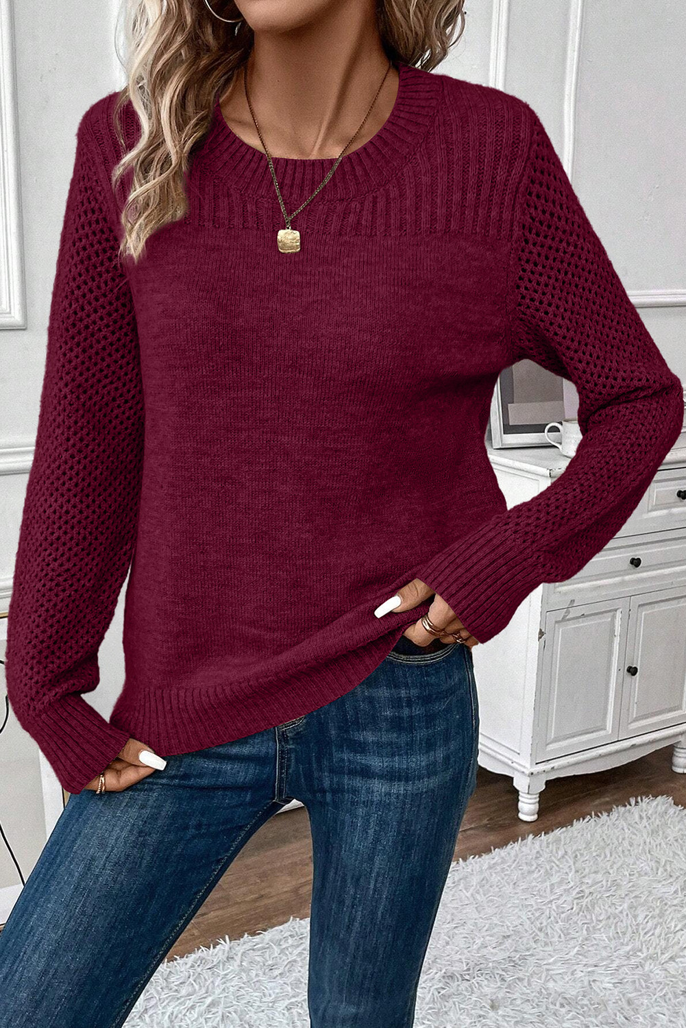 EVALESS Womens Sweaters Casual Long Sleeve Crewneck Cable Knit Lightweight Oversized Crochet Sweater Pullover Tops