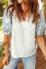 White V Neck Textured Contrast Flower Embellished Sleeve Patchwork Blouse