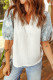 White V Neck Textured Contrast Flower Embellished Sleeve Patchwork Blouse