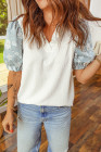 White V Neck Textured Contrast Flower Embellished Sleeve Patchwork Blouse