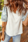 White V Neck Textured Contrast Flower Embellished Sleeve Patchwork Blouse
