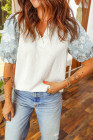 White V Neck Textured Contrast Flower Embellished Sleeve Patchwork Blouse