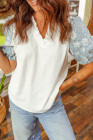 White V Neck Textured Contrast Flower Embellished Sleeve Patchwork Blouse