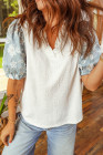 White V Neck Textured Contrast Flower Embellished Sleeve Patchwork Blouse