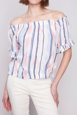 Beau Blue Printed Short Sleeve Peasant Blouse LC25133972-P804