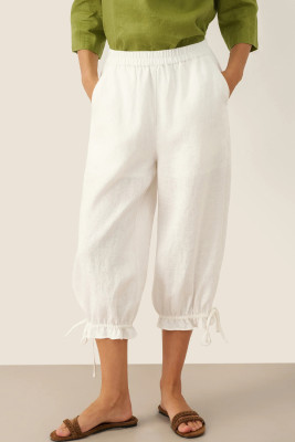 White 100% Linen Elastic Waist Ruffled Cuff Pants RUBY LC7713922-P1