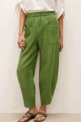 Grass Green 100% Linen Petal-Hem Trousers with Elastic Waist LIV LC7713921-P1109