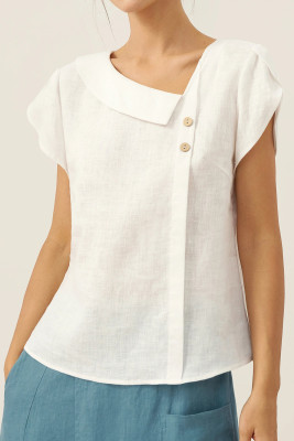 White Linen Crescent Collar Flutter Sleeve Top FARA LC25134066-P1