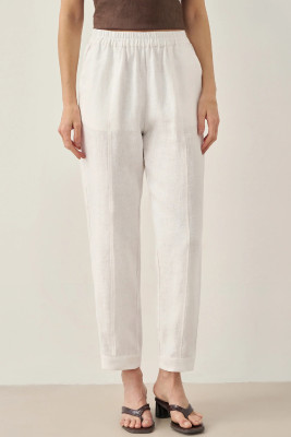 White 100% Linen Straight-Leg Pants with Elastic Waist PATRICE LC7713919-P1