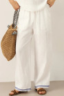 White 100% Linen Embroidered Elastic Waist Pants FENE