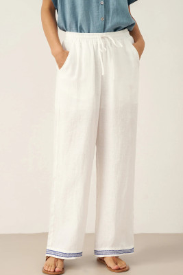 White 100% Linen Embroidered Elastic Waist Pants FENE LC7713916-P1
