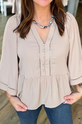 Jet Stream Button V Neck Lace Trim 3/4 Sleeve Peplum Blouse LC25133926-P2015