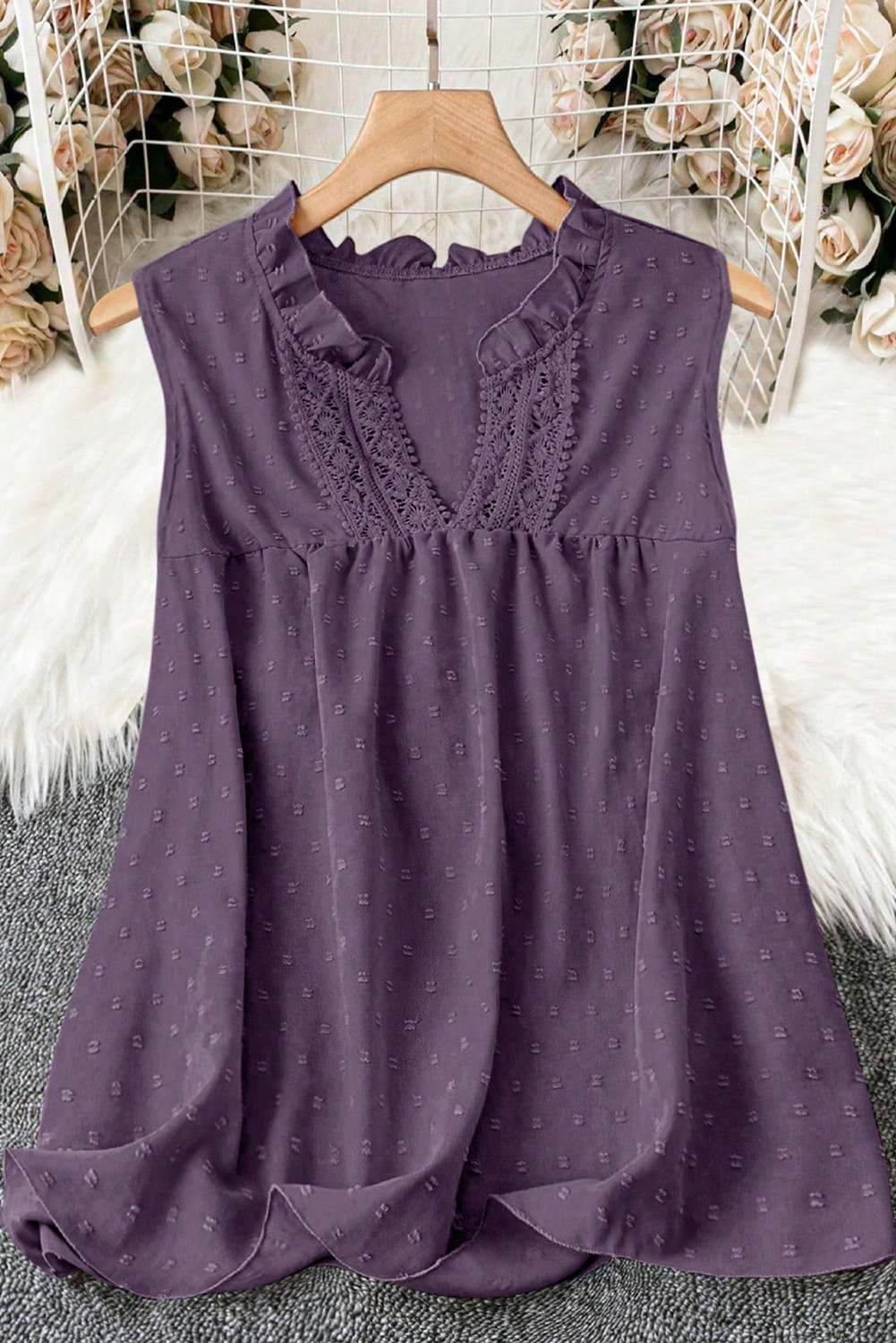 Tillandsia Purple Linhara Plus Size Sleeveless Solid Color Notched Neck Casual Shirt For Summer